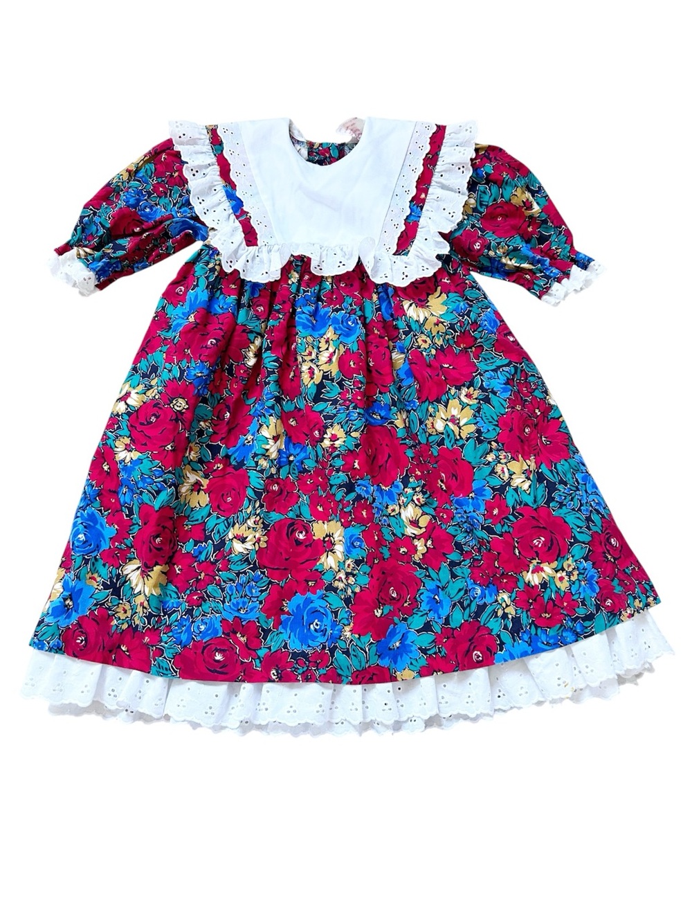 Vintage Floral Ruffle & Lace-Trim Girls' Formal Dress in Red, Blue & Gold  3X
